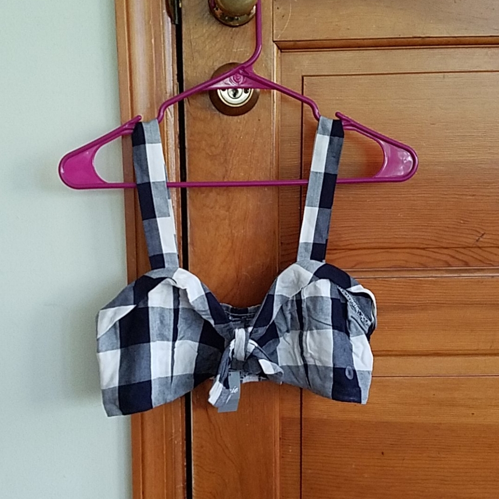 NWT Aerie Bra Top with front bow, blue white plaid